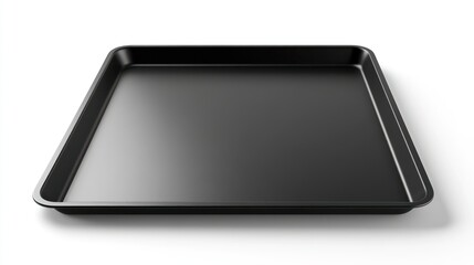 A sleek black metal baking sheet, ready for cooking, isolated on white.