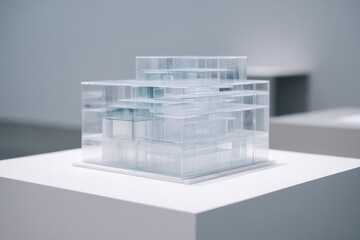 close-up of transparent multi-layered architectural model arranged on sleek white table showcasing intricate layers