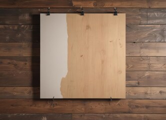 Wooden wall, metal clips, blank poster mockup,  clips,  vintage