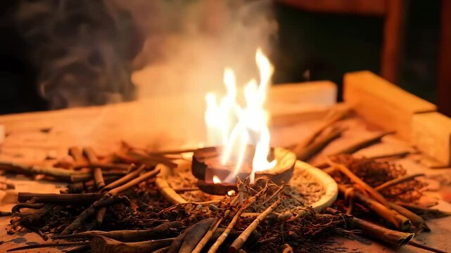Zulu healer altar, bokeh, glowing embers, traditional spirituality