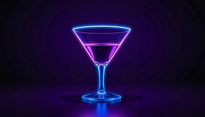 Neon cocktail glass glowing in purple and blue ambient light  