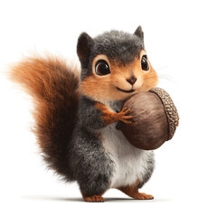 Obraz premium Cute squirrel holding an acorn, isolated on white background. Adorable animal character with big eyes.