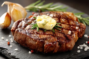 A delicious and juicy grilled steak topped with herb butter, served on a black slate plate with garlic and rosemary, ready to be enjoyed for dinner or lunch.