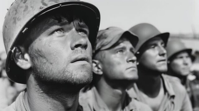 Vintage black and white portrait of soldiers looking up scary during wartime.