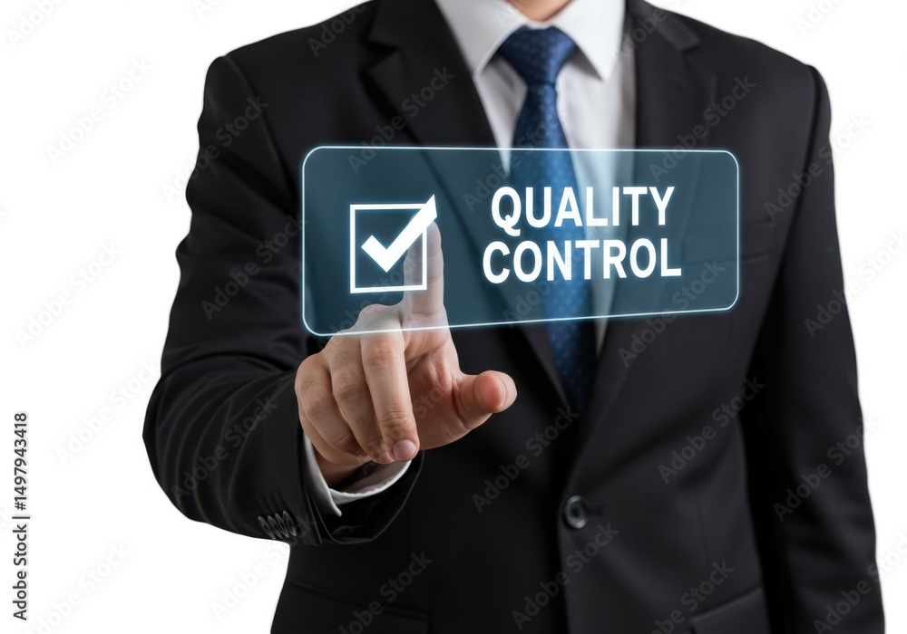 Fototapete man in suit points to quality control checkbox on virtual screen