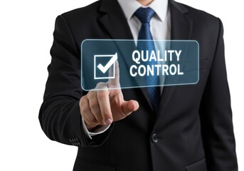 Man in suit points to quality control checkbox on virtual screen