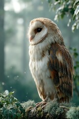 A barn owl perched on a tree branch in the woods