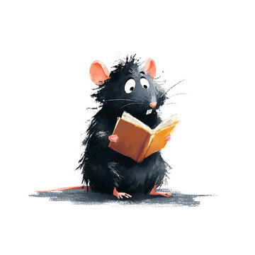 A whimsical cartoon rat is deeply engrossed in reading an open book, its expression one of surprise.