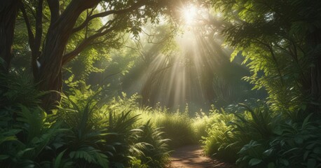 Sunlight streams through dense foliage, creating ethereal glow,  summer,  day,  season