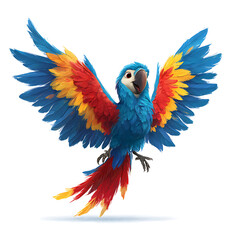 Fototapeta premium Colorful macaw parrot in flight with vibrant blue, red, and yellow feathers on a white background.