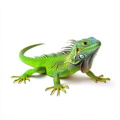 Fototapeta premium Green iguana lizard standing in a studio shot, isolated on white background