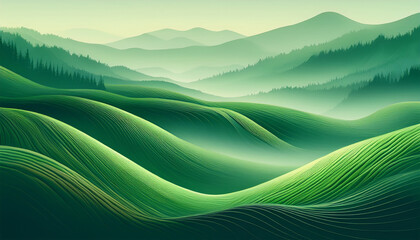 abstract green background with waves landscape organic green hills valleys and forest bathed in the sunlight morning mist in the forest banner wallpaper and background