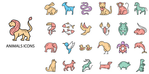 Fototapeta premium Animals simple concept 24 hand drawn color icons set .Vector illustration.