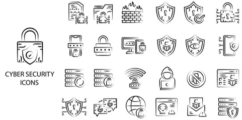 Cyber Security simple concept 24 hand drawn color icons set .Vector illustration.