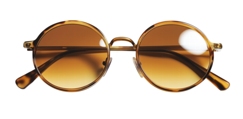 Round sunglasses with brown lenses and tortoise frame on transparent background