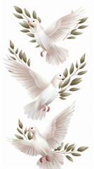 Obraz premium Three white doves in flight, olive branches, peaceful scene