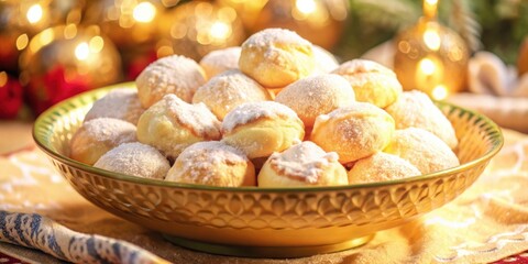 A golden bowl overflowing with delicate, powdered sugar dusted pastries, a sweet delight for any holiday celebration.