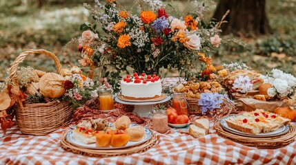 Autumn picnic with park, food, and flowers.