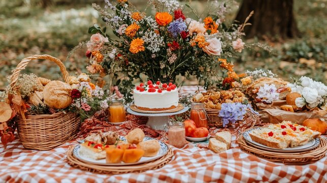 Autumn picnic with park, food, and flowers.