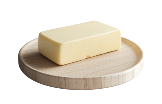 Block of butter on wooden plate with transparent background