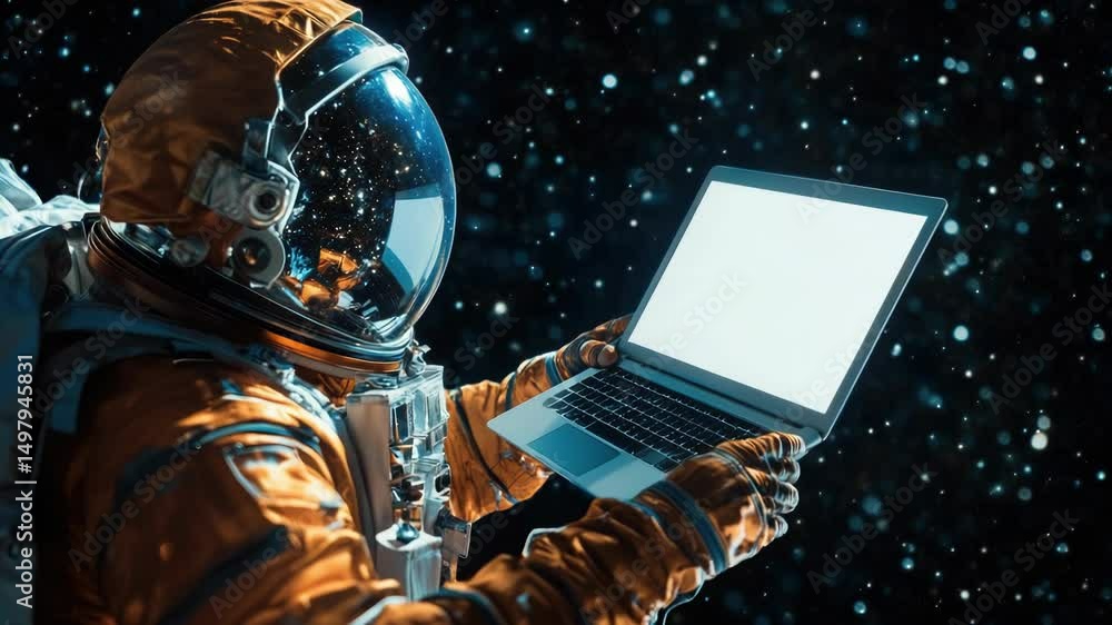 Poster astronaut uses laptop in space, perfect for sci-fi scenes or technology concepts