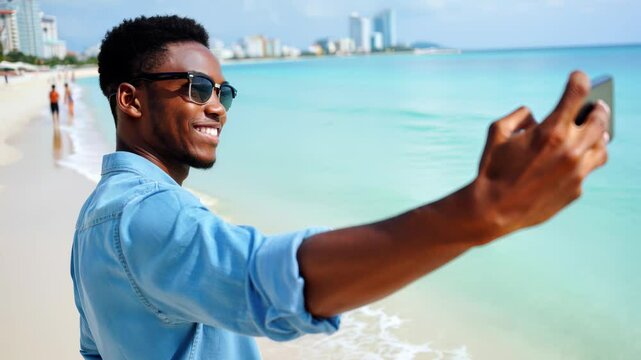Happy young black man takes selfie photo with smartphone on sunny tropical beach vacation.