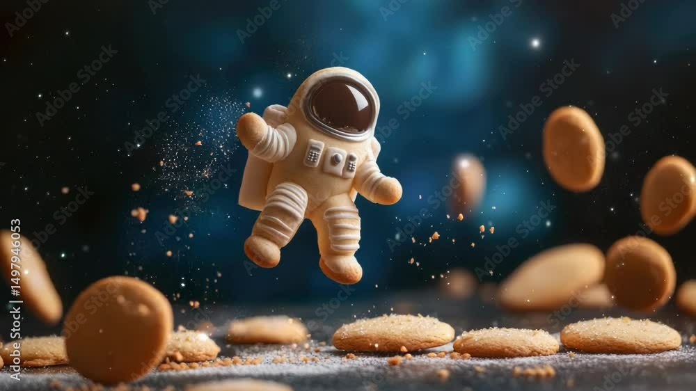Poster an astronaut floats above a batch of cookies, ready for a tasty space snack