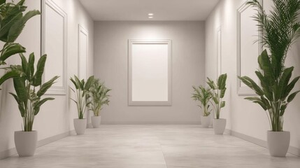 Serene Minimalist Interior Corridor with Plants and White Walls