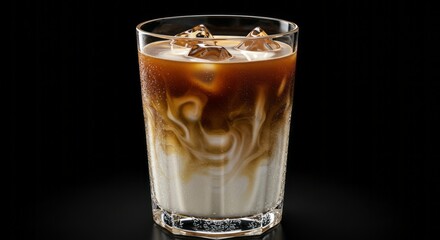 Delicious Iced Coffee Drink with Milk Swirls in a Glass on Black