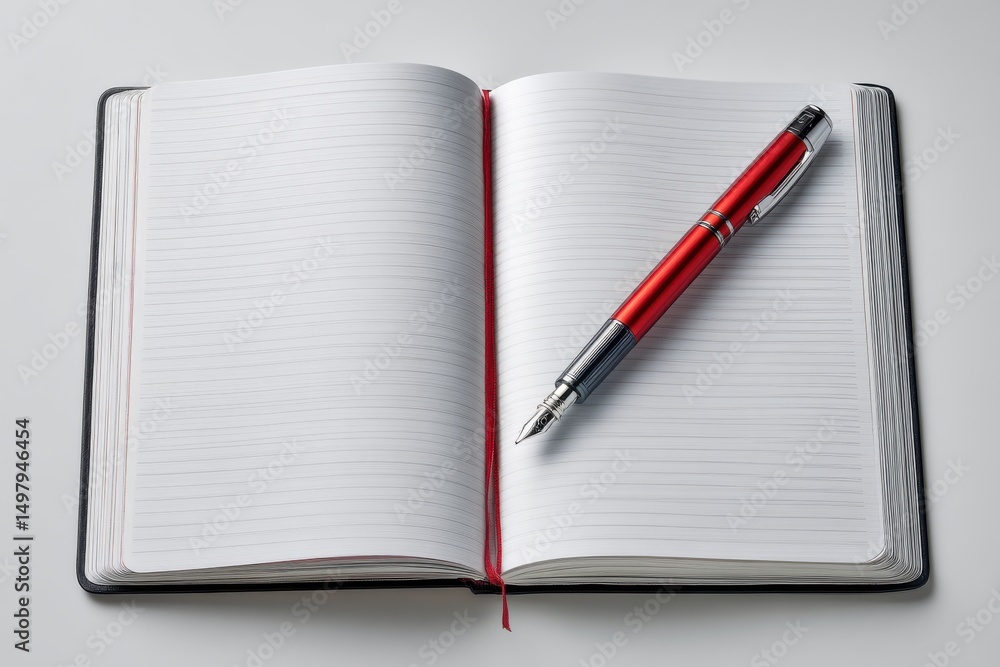 Aufkleber a red fountain pen resting on an open notebook with lined pages, providing a blank canvas for creati