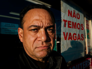 Unemployed Brazilian man, sad, standing in front of a store with a sign that reads: "Não temos vagas" – AI-generated image