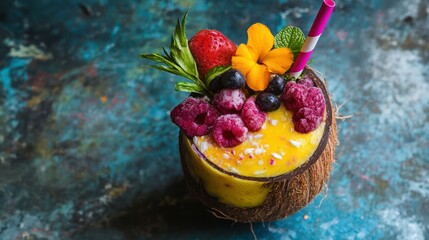 A vibrant smoothie served in a coconut shell, adorned with fruit and flowers.
