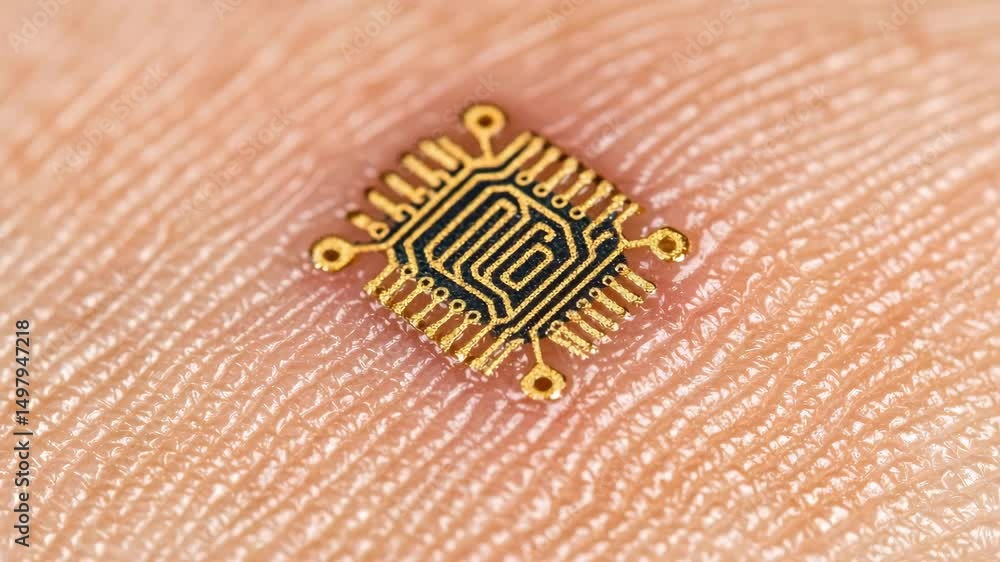 Aufkleber close-up of a microchip embedded in skin, symbolizing advancements in technology and human interacti