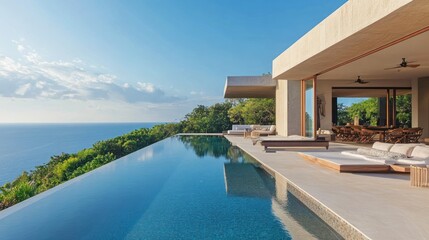 Fototapeta premium Stunning villa with infinity pool overlooking the ocean and lush landscape.