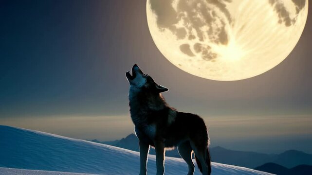 Lone wolf howling at the bright moon on a snowy mountain landscape at night, with silhouettes of mountains in the background.
