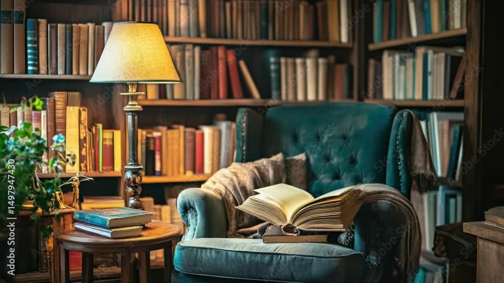 Poster A comfortable chair with an open book in front of a full bookshelf, perfect for quiet reading time