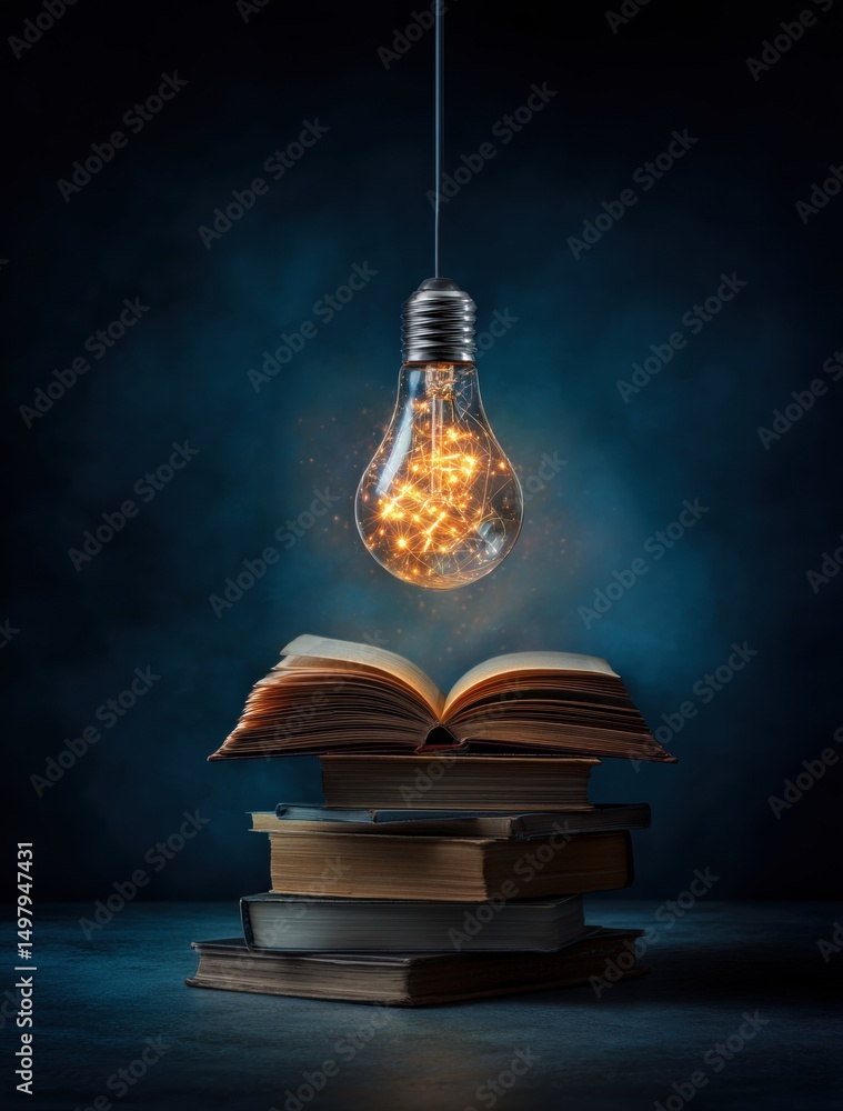 Poster an enchanting scene featuring an open book surrounded by stacked books, illuminated by a glowing lig