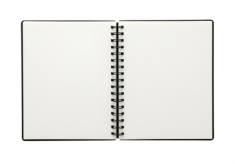 Open spiral notebook with clean white pages and black rings centered. Perfect for educational, office, or note-taking visuals. Isolated on transparent background. PNG