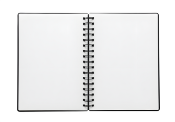 Open spiral notebook with clean white pages and black rings centered. Perfect for educational, office, or note-taking visuals. Isolated on transparent background. PNG