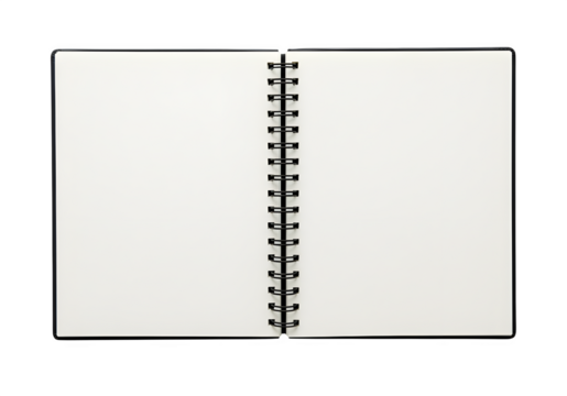 Open spiral notebook with clean white pages and black rings centered. Perfect for educational, office, or note-taking visuals. Isolated on transparent background. PNG