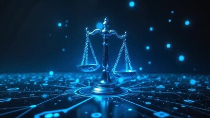 Digital scales of justice on a glowing technology background  