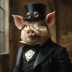 A dapper pig wearing glasses and top hat standing suitably in an elegant victorian attire
