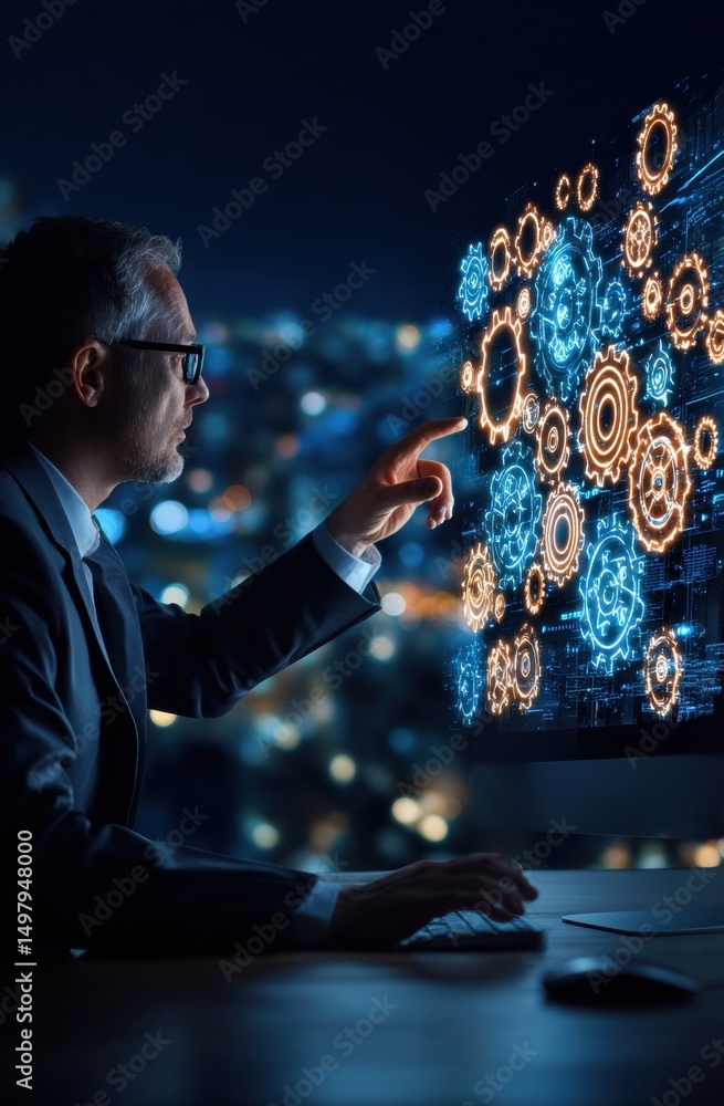 Poster a professional engages with digital gears and circuitry on a screen, symbolizing innovation and tech