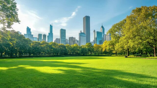Beautiful city park with green grass and trees near modern skyscrapers urban landscape view