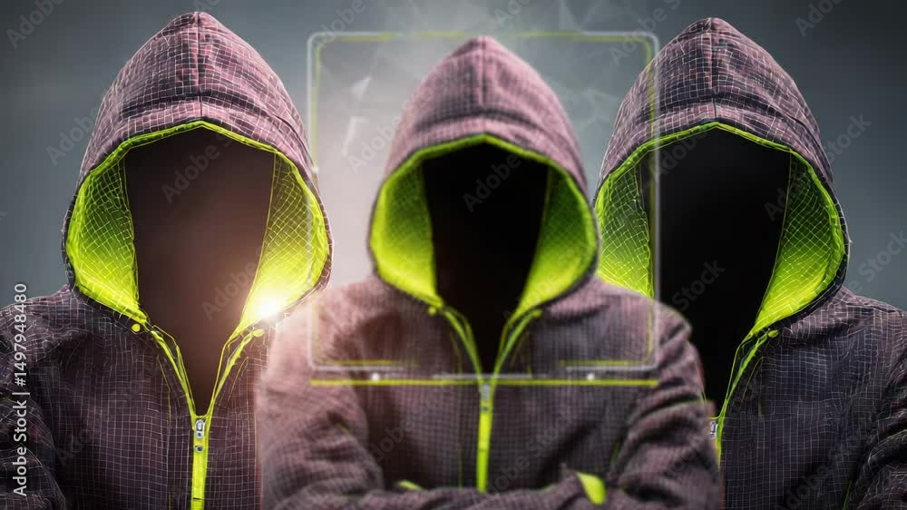 Aufkleber a person in a hooded jacket with a hidden face stands in front of a digital, futuristic background s