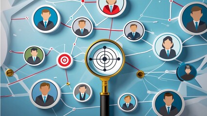 Targeted Networking and Audience Identification Concept with Magnifying Glass Focusing on Key Individual Within a Connected Social Network for Strategic Marketing, Recruitment, and Influence Analysis 