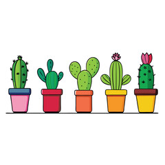 Collection of Five Colorful Cactus Plants in Pots Illustration