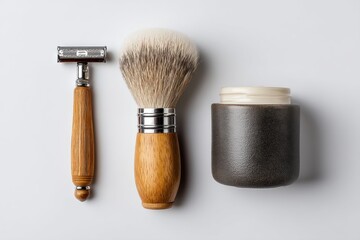 Classic men's grooming set featuring a safety razor, shaving brush, and cream jar, set against a minimalist white background, highlighting traditional shaving tools.