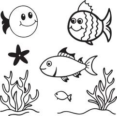 Fun and simple sea animal drawing featuring fish, crabs, and jellyfish in black and white style