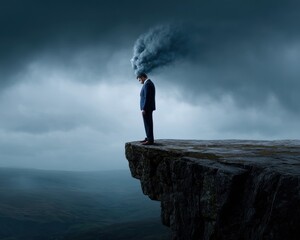 A businessman stands on the precipice, lost in thought as swirling clouds emerge from his head, symbolizing the weight of contemplation and the burden of decisions.